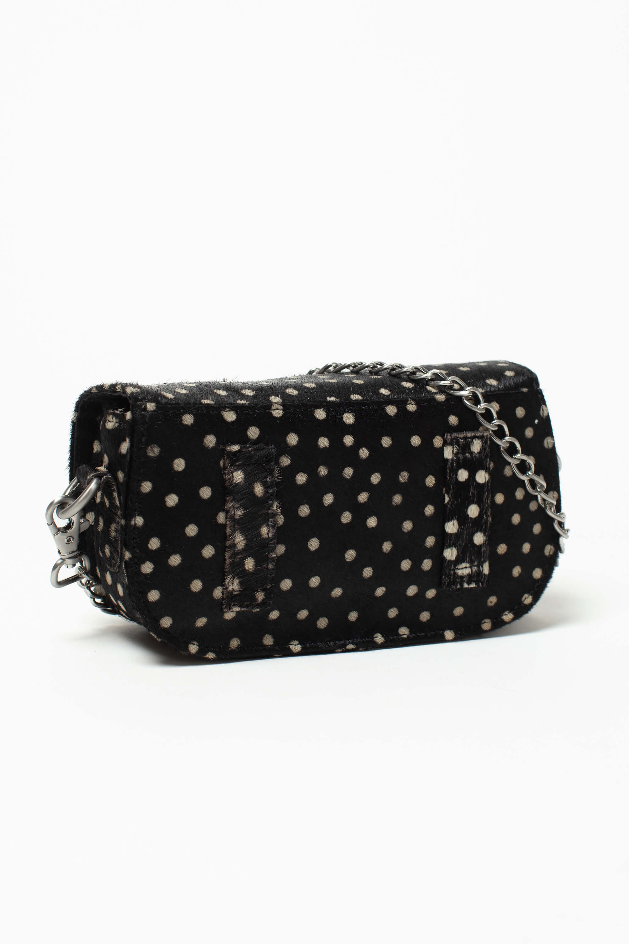 Sac bandoulière Alice Fauve de Charlay Stone en cuir pony animalier imprimé noir à pois blancs.