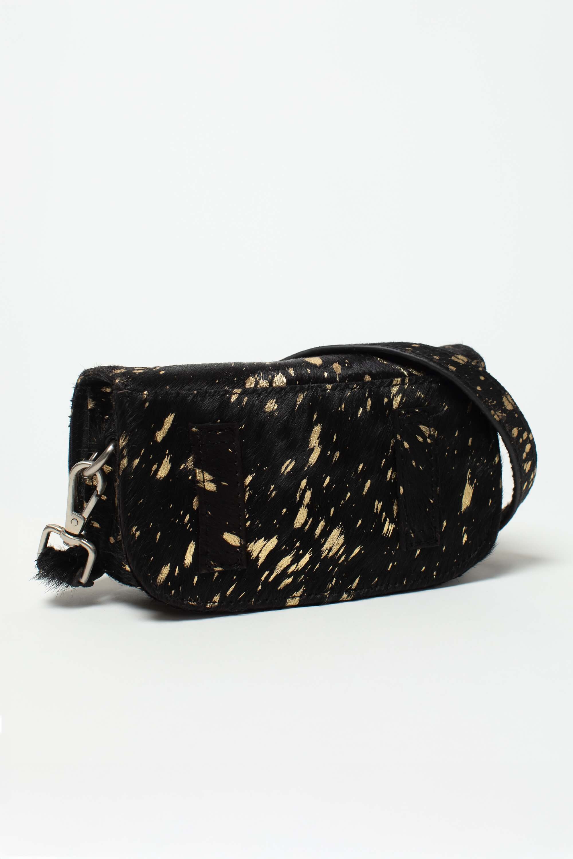 Sac bandoulière Alice Fauve de Charlay Stone en cuir pony animalier imprimé noir doré.