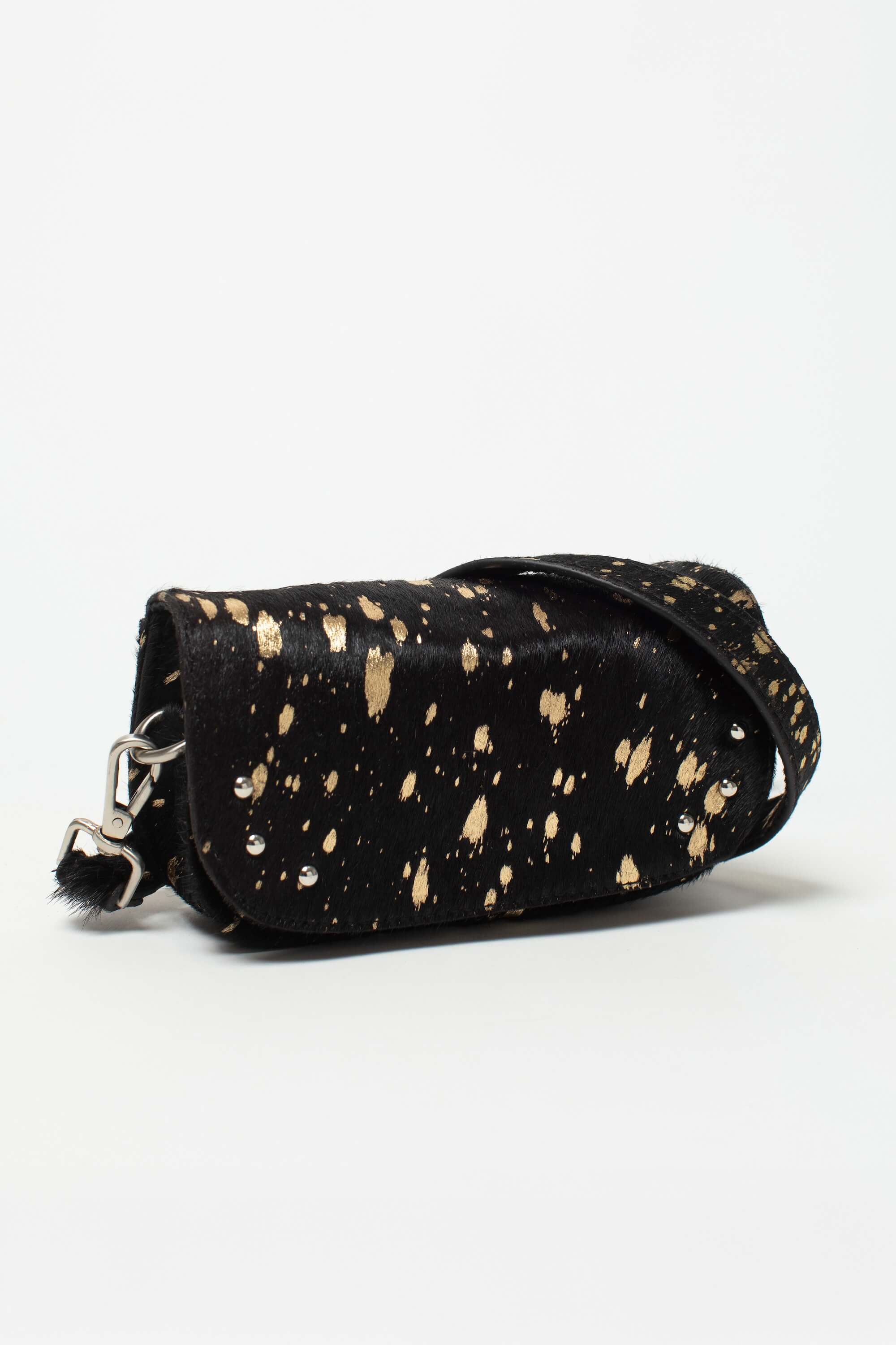 Sac bandoulière Alice Fauve de Charlay Stone en cuir pony animalier imprimé noir doré.