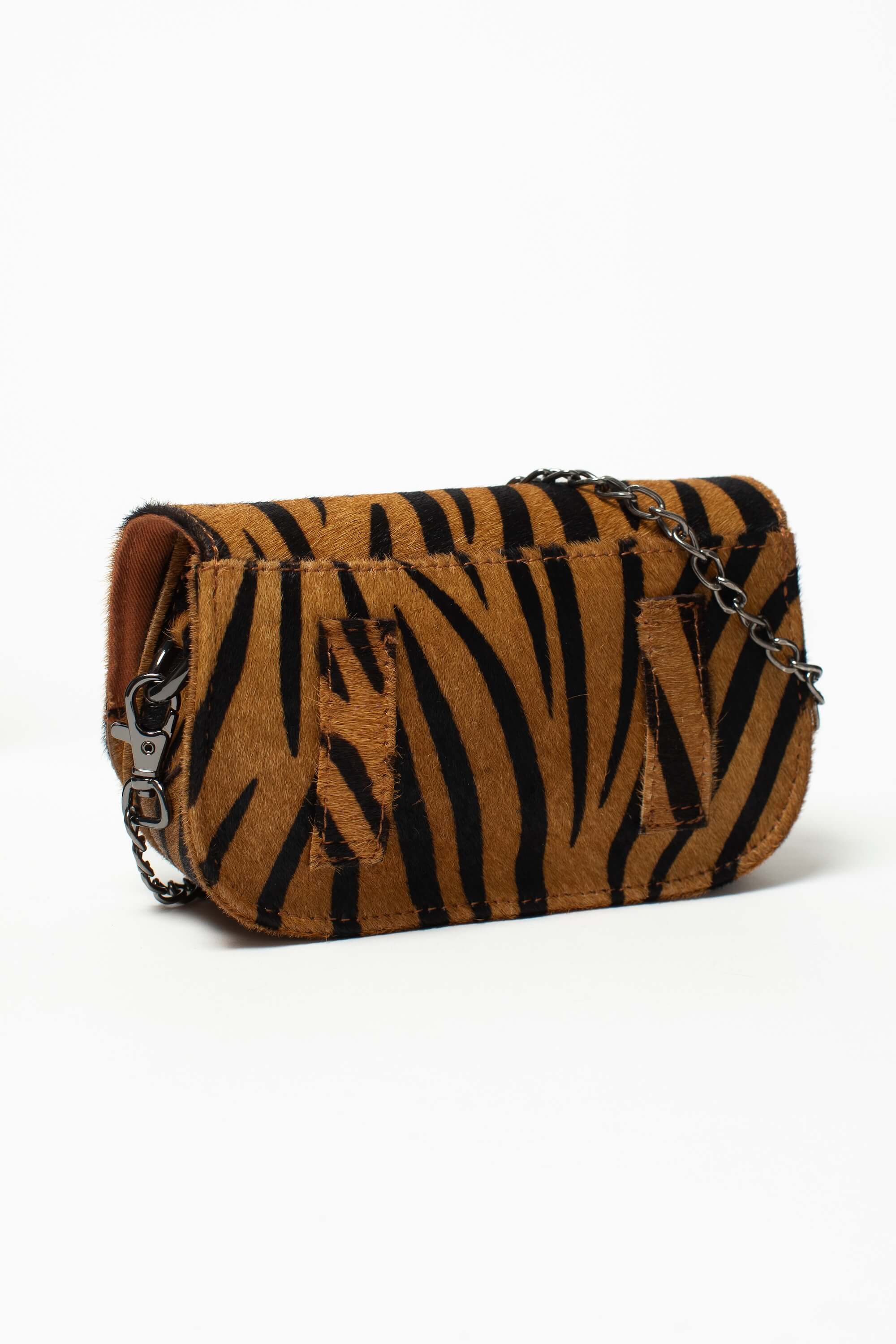 Sac bandoulière Alice Fauve de Charlay Stone en cuir pony animalier imprimé zèbre marron.